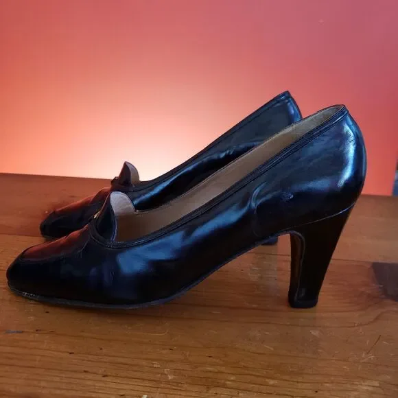 Vintage GUCCI Italy GG Logo Black Slip On Heel Shoes 36 1/2B US 6 Almond Toe - Picture 3 of 16